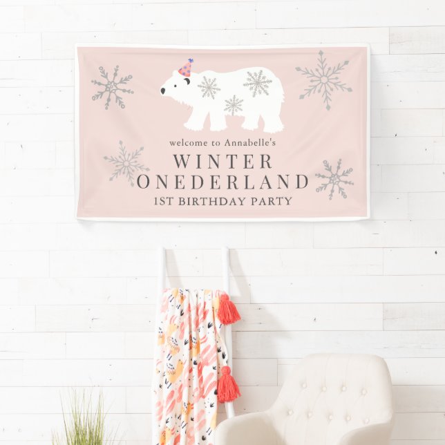 Banderoles Ours polaire Hiver Onederland rose 1er anniversair (En situation)