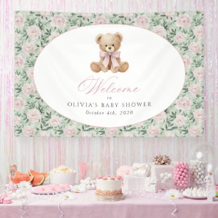 Banderoles Ours, Ruban Rose, Fleurs Roses, Bienvenue à une Ba