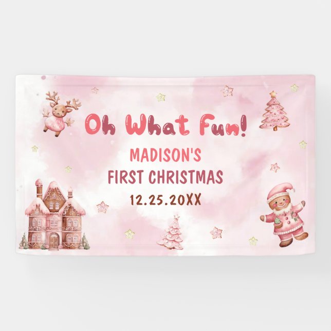 Banderoles Pain d'épices rose Maison Noël Premier anniversair (Horizontal)