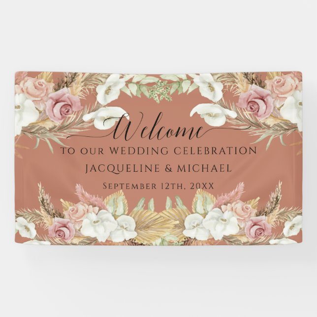 Banderoles Pampas Terra Cotta Blush Rose Floral Plage Mariage (Horizontal)