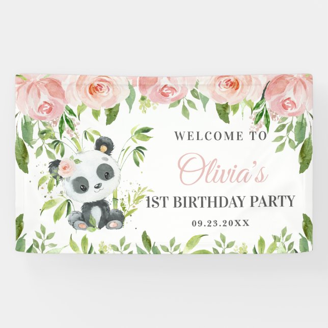 Banderoles Panda rose pâle Vert Floral Bambou fond B (Horizontal)