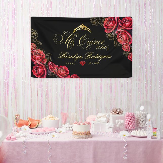 Banderoles Panneau de décoration Quinceanera - or rouge noir (Fête)
