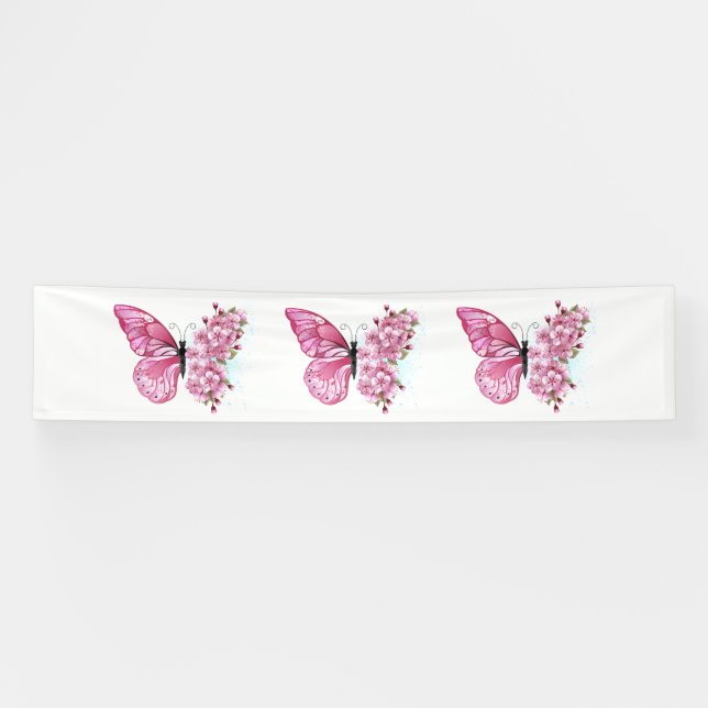 Banderoles Papillon à fleurs avec Sakura rose (Horizontal)