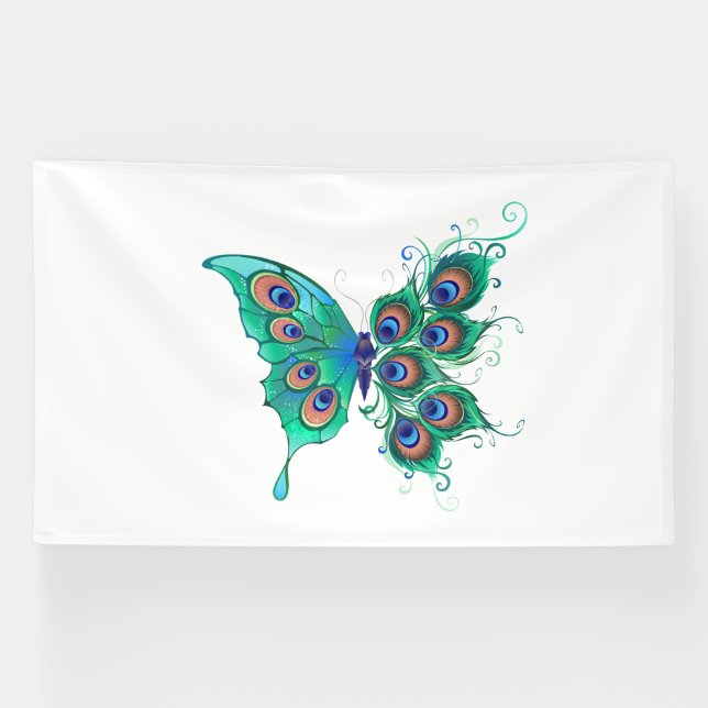 Banderoles Papillon aux plumes de paon vert (Horizontal)