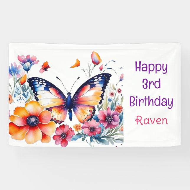Banderoles Papillon en fleurs Fille d'anniversaire fille (Horizontal)