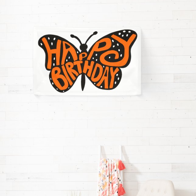Banderoles Papillon Monarque Noir et Orange Joyeux Anniversai (Insitu)