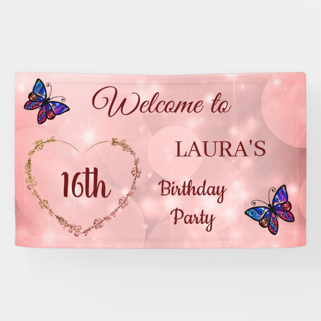 Banderoles Papillon rose mousseux personnalisé 16e anniversai (Horizontal)