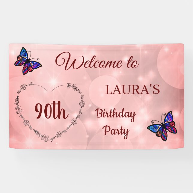 Banderoles Papillon rose mousseux personnalisé 90e anniversai (Horizontal)
