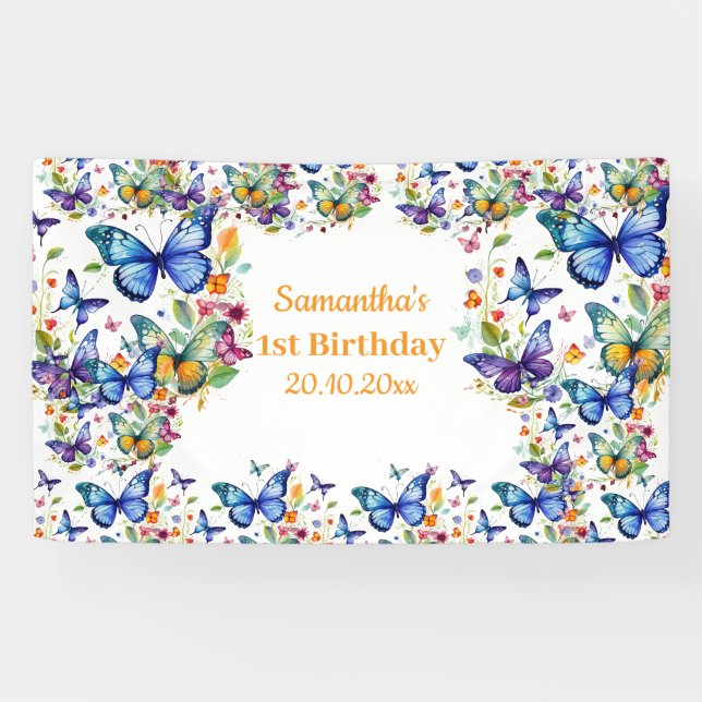 Banderoles Papillons aux fleurs vintages Anniversaire (Horizontal)