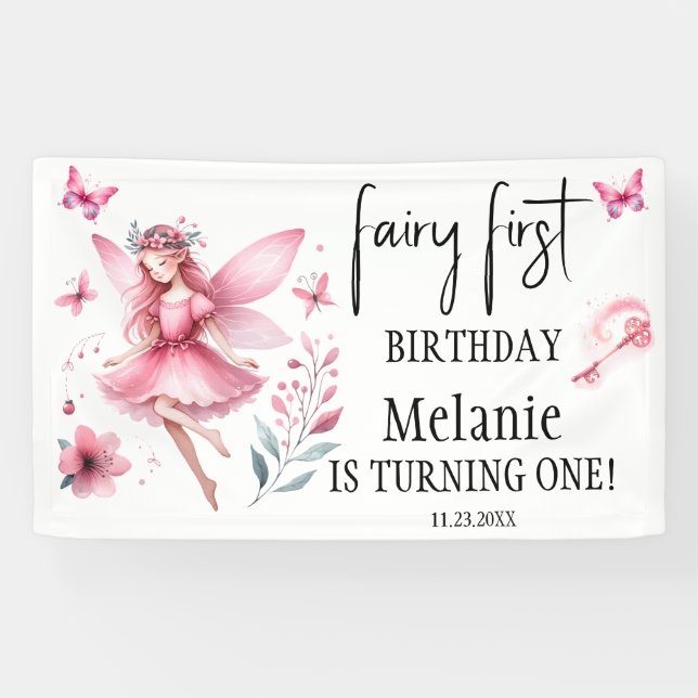 Banderoles Papillons Fée Rose Magique Baguette Premier annive (Horizontal)