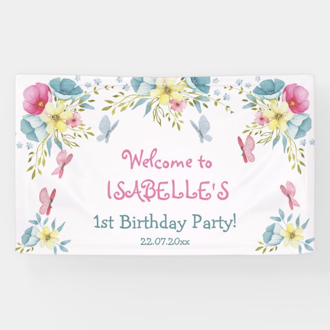Banderoles Papillons Pink Aquarelle Florales Anniversaire (Horizontal)