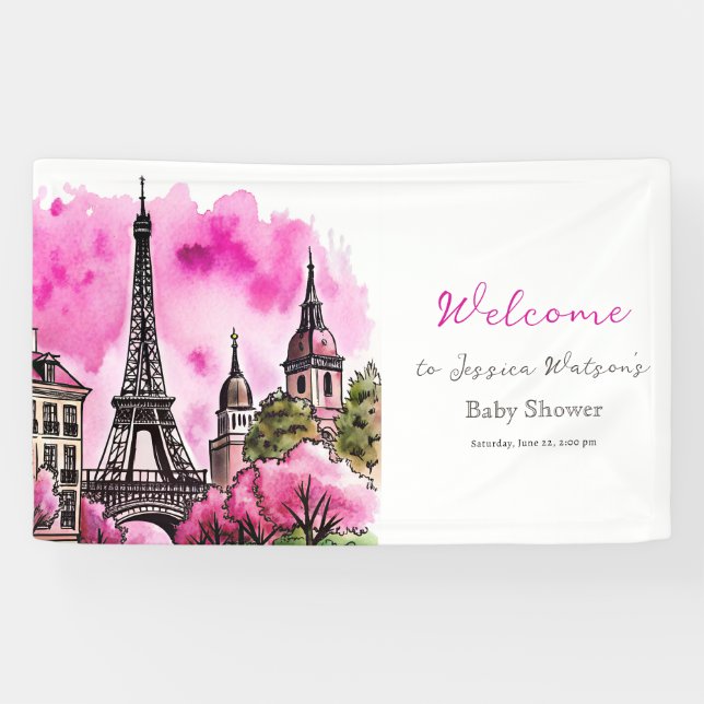 Banderoles Paris Français Bonjour Bebe Baby shower noir rose (Horizontal)