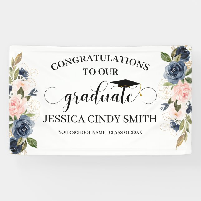 Banderoles Parti de graduation de la Marine Blush Gold Floral (Horizontal)