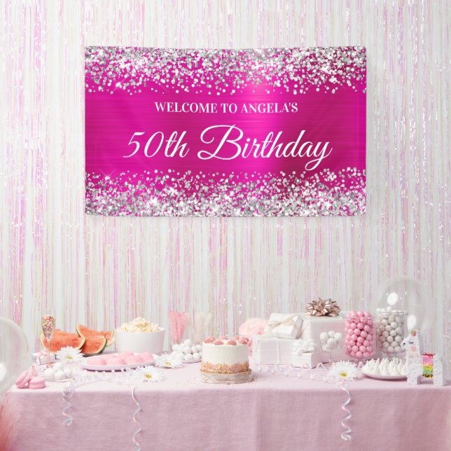 Banderoles Parties scintillant d'argent Hot Pink Foil 50e ann (Fête)