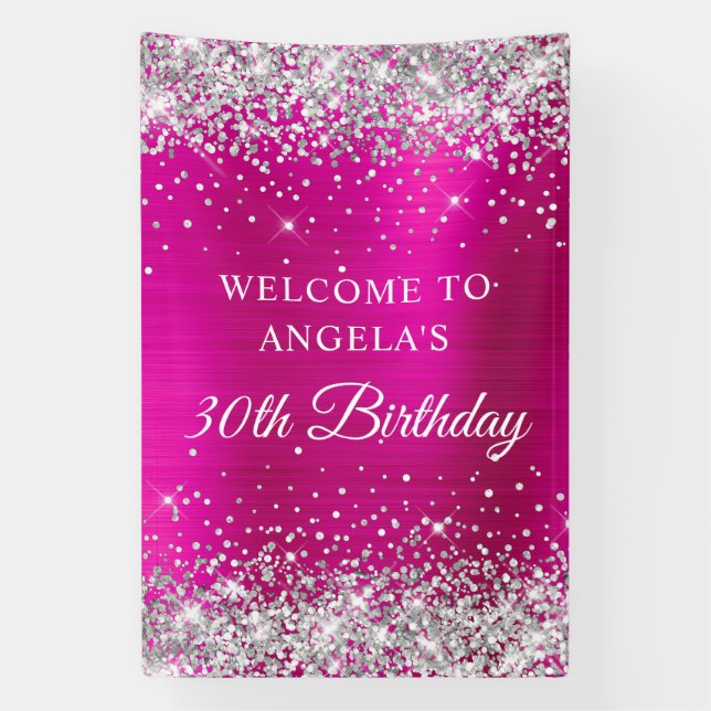 Banderoles Parties scintillant d'argent Pink Hot Foil 30e ann (Verticale)