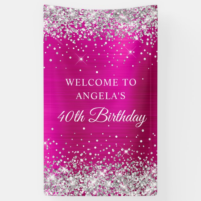 Banderoles Parties scintillant d'argent Pink Hot Foil 40e ann (Vertical)