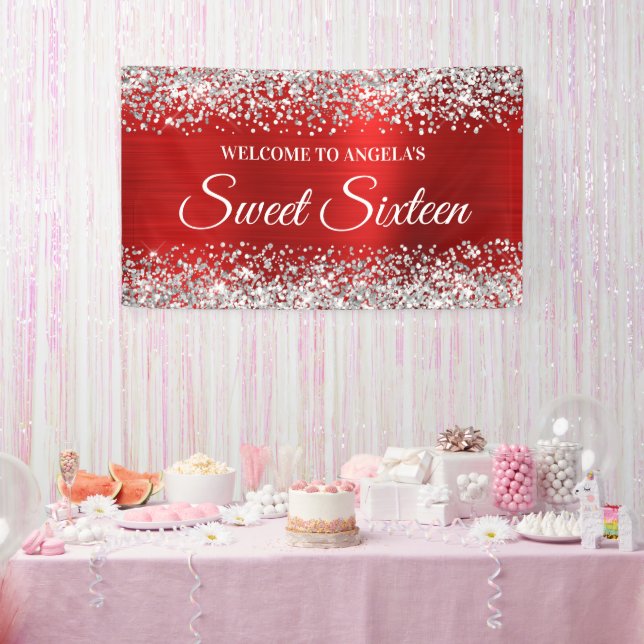 Banderoles Parties scintillant d'argent Sweet sixteen rouge à (Fête)