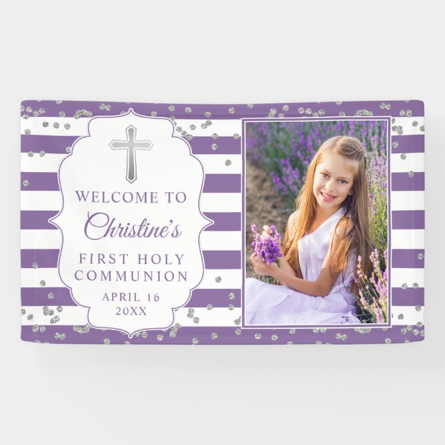Banderoles Parties scintillant d'argent violet première saint (Horizontal)