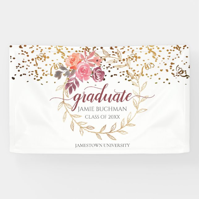 Banderoles Parties scintillant d'or Rose Blush Marsala Floral (Horizontal)