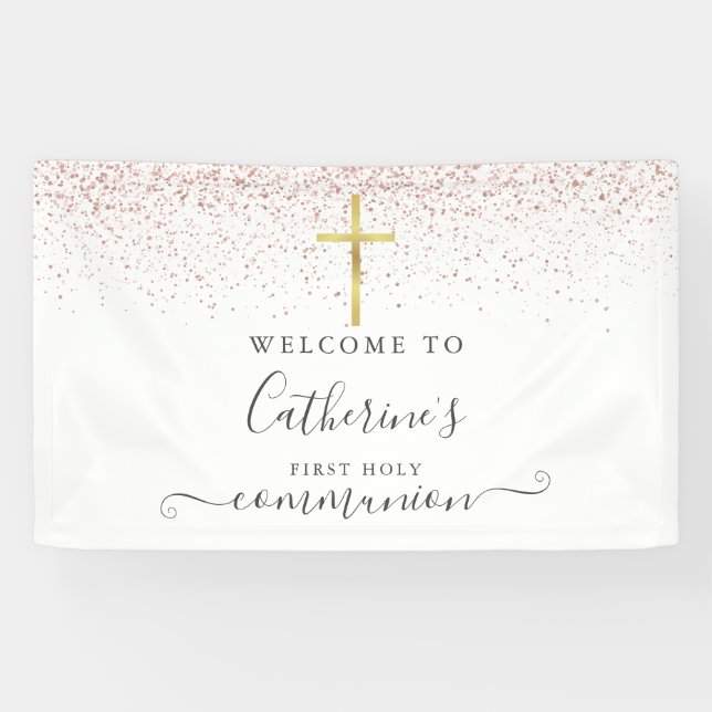 Banderoles Parties scintillant d'or rose Sainte Communion Bie (Horizontal)
