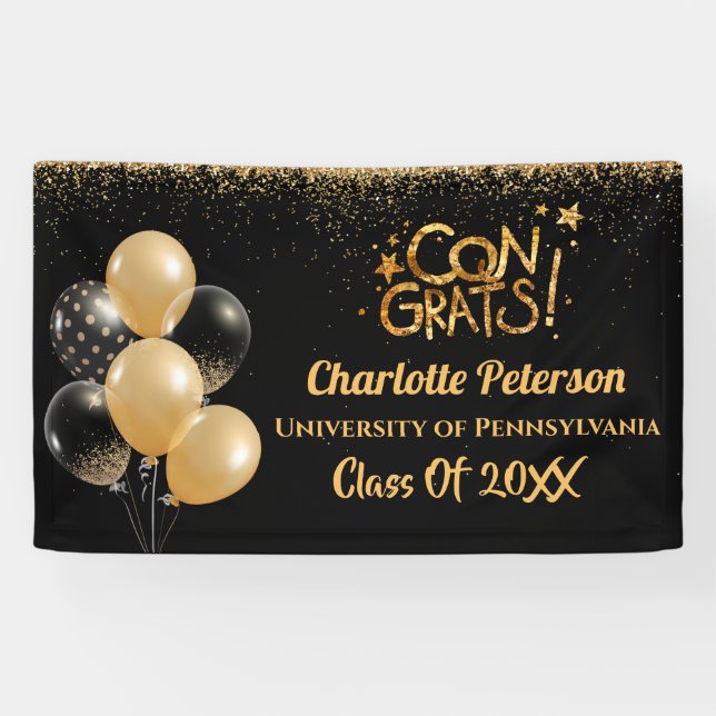 Banderoles Parties scintillant moderne Noir et Or Graduation  (Horizontal)