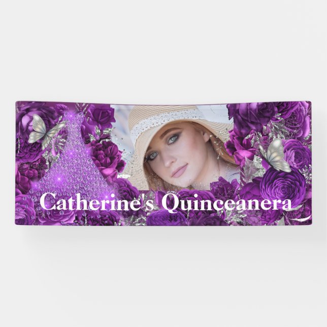 Banderoles Parties scintillant photo en argent violet papillo (Horizontal)