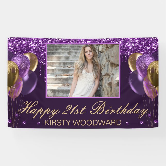 Banderoles Parties scintillant pourpre et ballons d'or Annive (Horizontal)