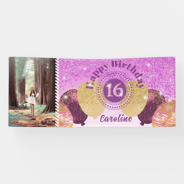 Banderoles Parties scintillant rose 16e anniversaire & Ballon (Horizontal)