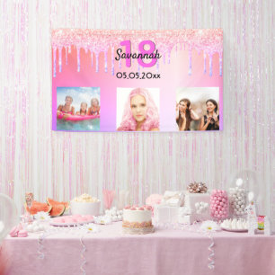 Banderoles parties scintillant rose 18e anniversaire gouttes
