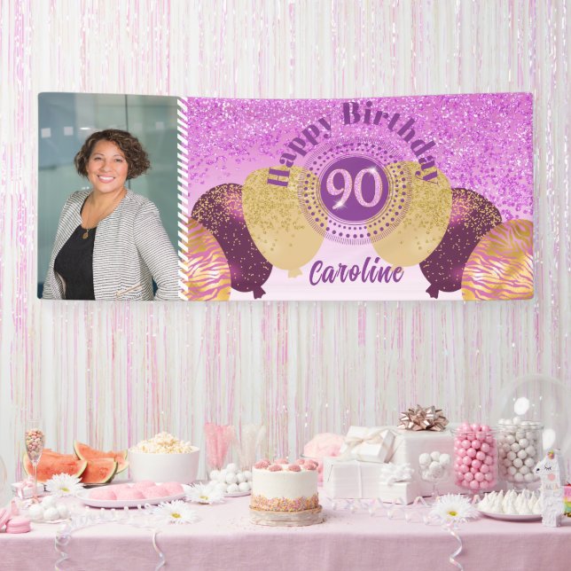 Banderoles Parties scintillant rose 90e anniversaire & Ballon (Fête)