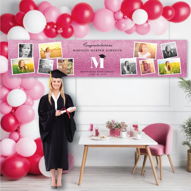 Banderoles Parties scintillant rose Monogramme 10 Photo Gradu (Pink Glitter Name Monogram Stylish 10 Photo Graduation Party Banner @ www.zazzle.com/color_therapy)