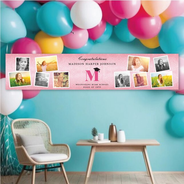Banderoles Parties scintillant rose Monogramme 10 Photo Gradu (Pink Glitter Name Monogram Stylish 10 Photo Graduation Party Banner @ www.zazzle.com/color_therapy)