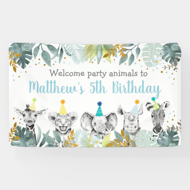 Banderoles Party Animal Blue Gold Safari Anniversaire (Horizontal)