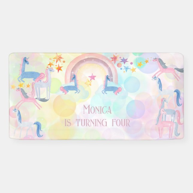 Banderoles Pastel arc-en-ciel aquarelle licorne anniversaire  (Horizontal)