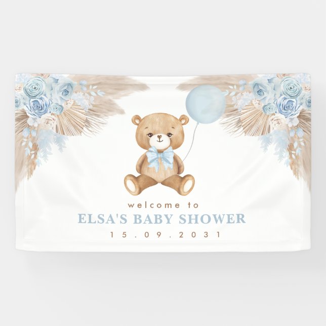 Banderoles Pastel Bleu Boho Pampas Ours en Teddy Bienvenue Ba (Horizontal)