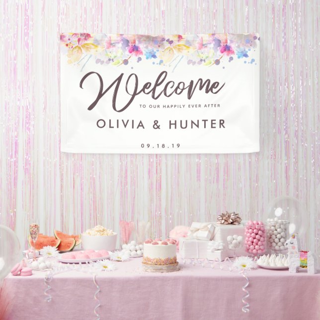 Banderoles Pastel Floral Aquarelle Mariage Welcome Banner (Fête)