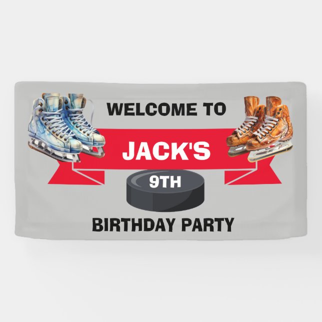 Banderoles Patins de hockey sur glace fête d'anniversaire (Horizontal)
