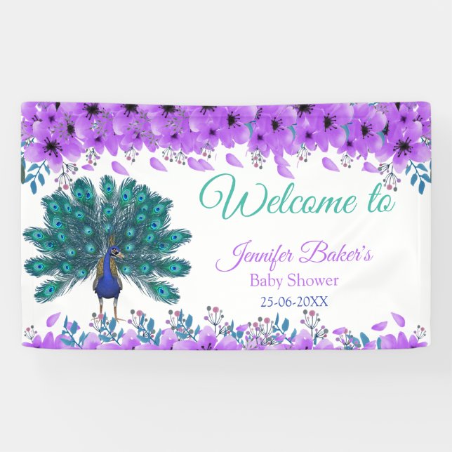 Banderoles Peacock vert et bleu | Fleurs d'aquarelle violette (Horizontal)