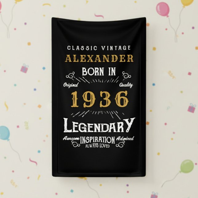 Banderoles Personalized 90th Birthday 1936 Vintage Legend (Born 1936 birthday wall banner  against a cream color wall.)