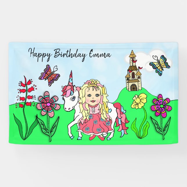 Banderoles Personnalisez Birthday Banner Princess et Unicorn (Horizontal)