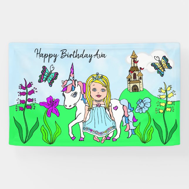 Banderoles Personnalisez Birthday Banner Princess et Unicorn (Horizontal)
