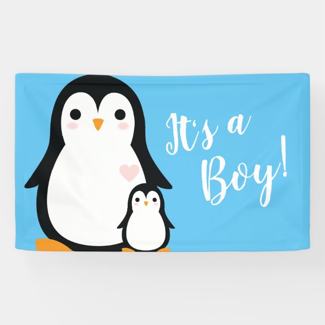 Banderoles Petit Baby shower de pingouin bleu garçon (Horizontal)