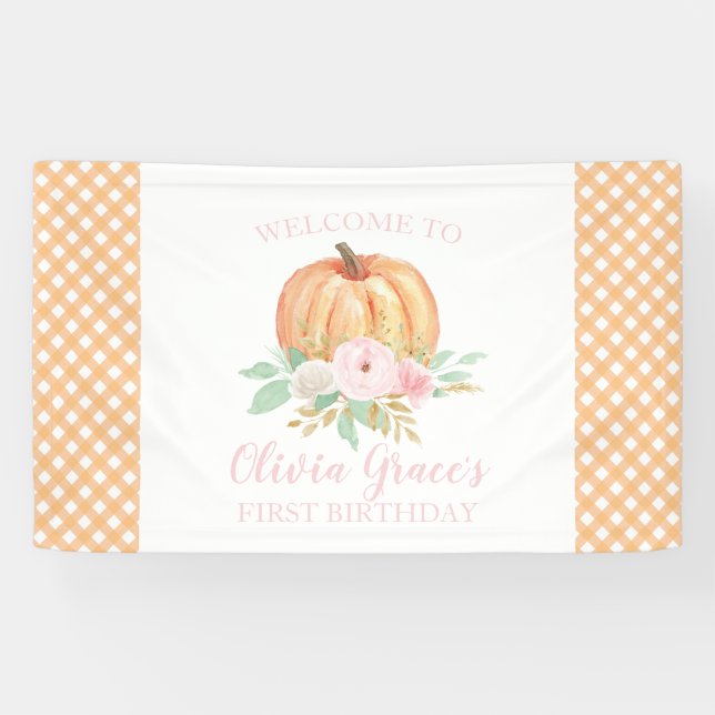 Banderoles Petit Citrouille premier anniversaire rose plaid (Horizontal)