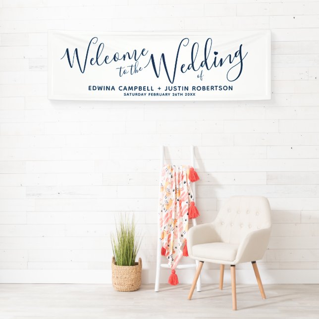 Banderoles Petit coeur mariage texte bleu sur blanc accueil (En situation)