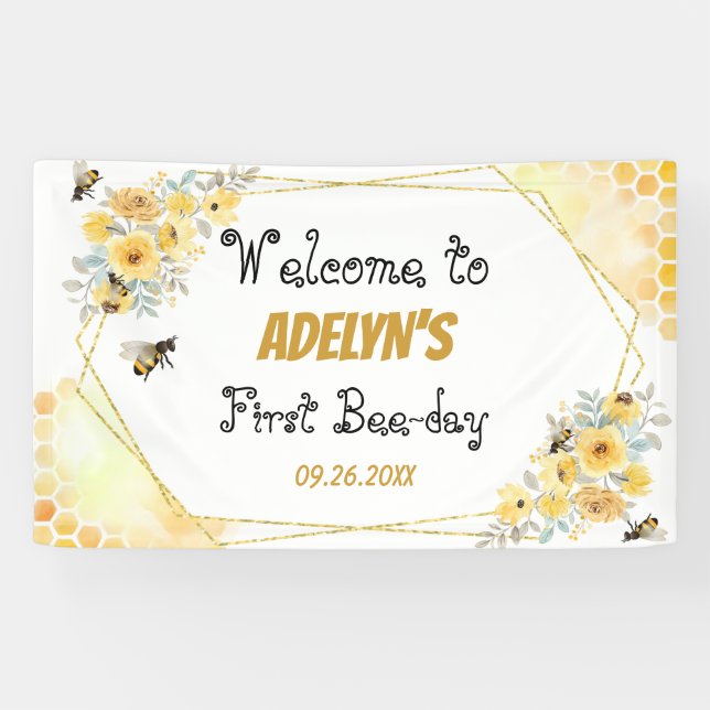 Banderoles Petite Aquarelle Florale de Miel Abeille 1er Anniv (Horizontal)