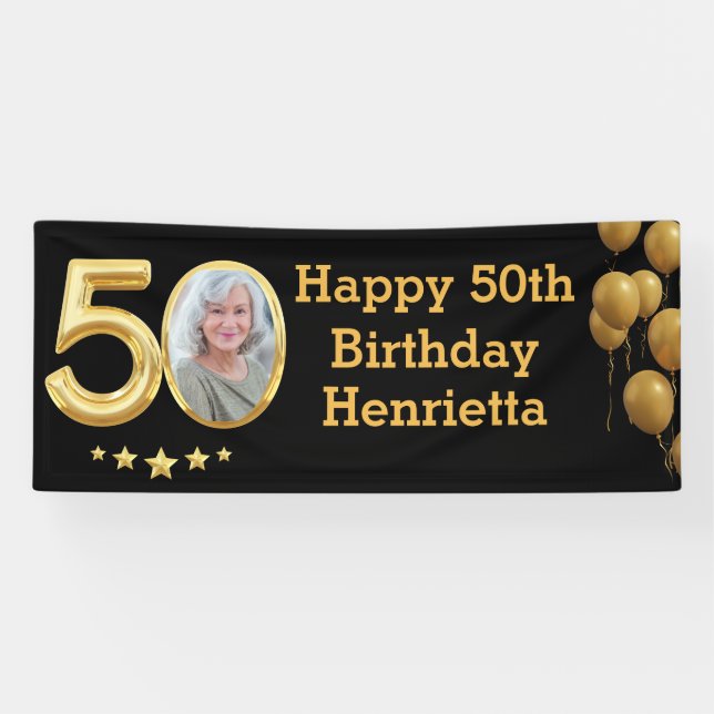 Banderoles Photo 50th Birthday Party Banner Black Gold (Horizontal)