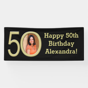Banderoles Photo 50th Birthday Party Banner Black/Gold