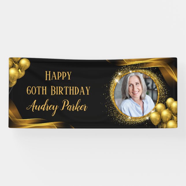 Banderoles Photo 60th Birthday Party Banner Black Gold (Horizontal)