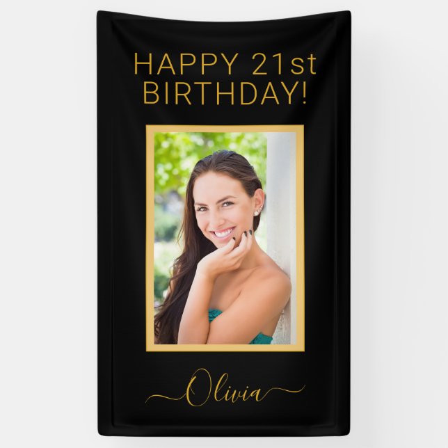 Banderoles Photo Anniversaire Black Gold Script Girl (Vertical)