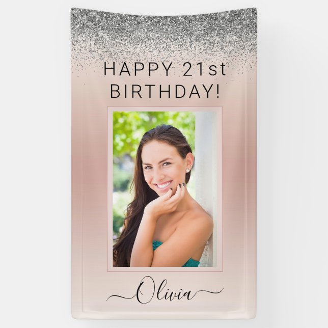 Banderoles Photo Anniversaire Pink Parties scintillant Argent (Vertical)